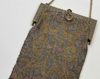Vintage Antique French Cut Gold Pink Gray Steel Beaded Handbag Fringe Purse