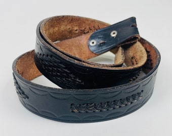 Vintage 1950s - 1970s Black Tooled Stamped Leather Clouds Sun Rays Belt / 50s - 70s Cowboy Belt / Waist - 28 1/2" - 32 1/2"