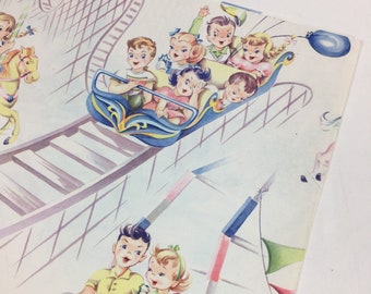 Vintage 1950s Child Children Roller Coaster Amusement Park Novelty Print Birthday Gift Wrapping Paper