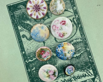 Antique Porcelain Hand Painted Floral Buttons / 19th C Victorian Painted Roses Floral Flowers Stud Button