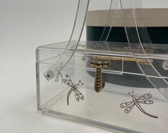 Vintage 1950s Clear Lucite Box Purse Gold Painted Rhinestone Dragonflies Bugs  / 50s Plastic Handbag