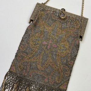 Vintage antiguo francés corte oro rosa gris acero con cuentas bolso flecos bolso