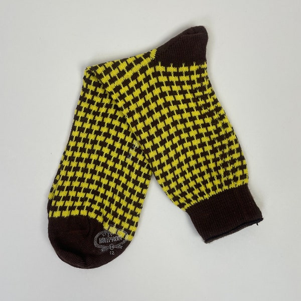 Vintage 1940s Mens Cotton Knit Ankle Socks / 40s Brown Yellow Patterned Dress Sock