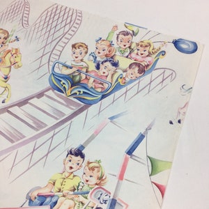 May include: A vintage illustration of children riding a roller coaster and a carousel horse. The roller coaster is blue and yellow with white trim. The children are smiling and waving. The carousel horse is white with a red saddle and a blue bridle.