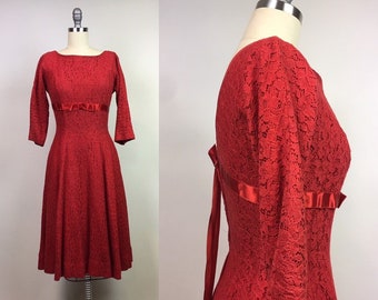 Vintage 1950s Red Lace Full Skirt Party Dress /  Vintage 50s Red Cocktail Dress