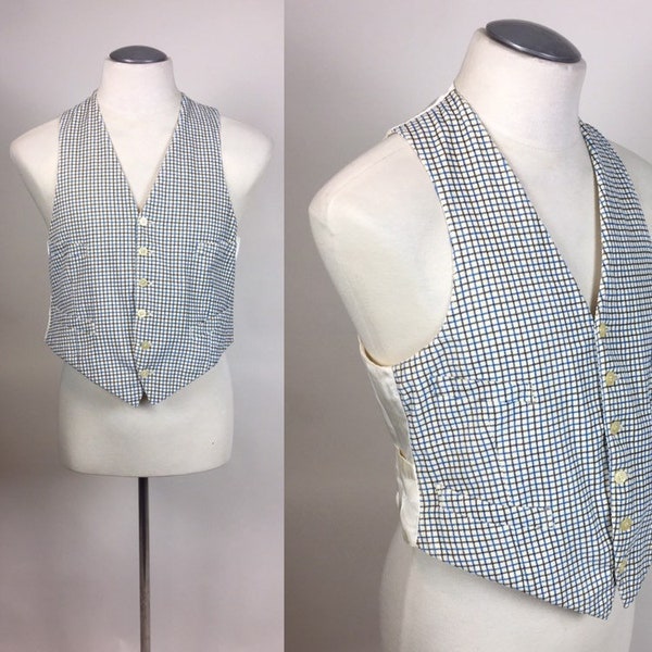 Vintage 30s 40s Houndstooth Vest / Antique 1930s 1940s White Corduroy Plaid VEST / size 42