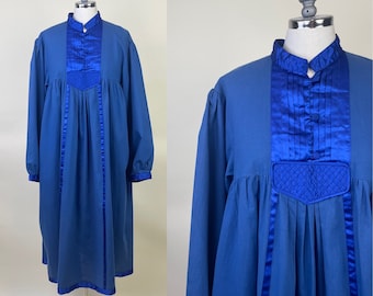 Vintage 1960s 1970s Blue Cotton Kaftan Dress / 60 70s Indus Pullover Hippie Bib Dress