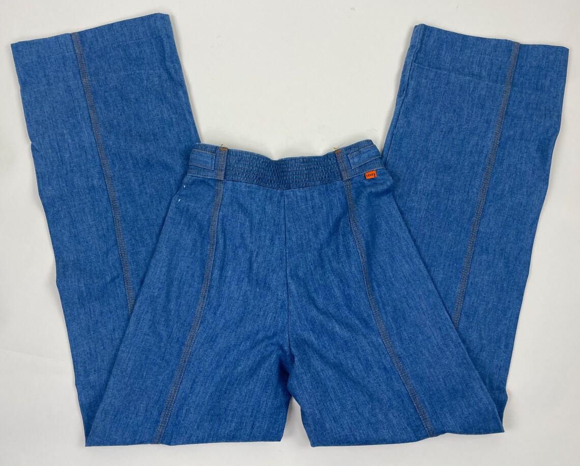 Vintage 70s Levis Bell Bottom Jeans: High Waisted Denim, Side Buckle, 26-28, photo 3 of 5