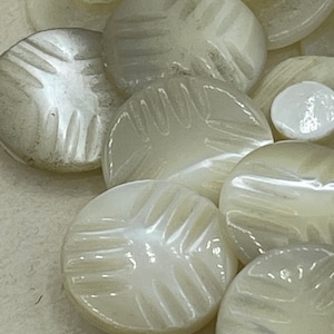 May include: A collection of white mother of pearl buttons with a decorative pattern. The buttons are round and have a smooth, glossy finish.