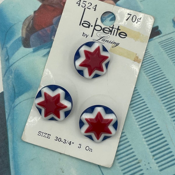 Vintage 1970s RED White BLUE Stars Novelty Hippie Patriotic Buttons Set / 3/4"