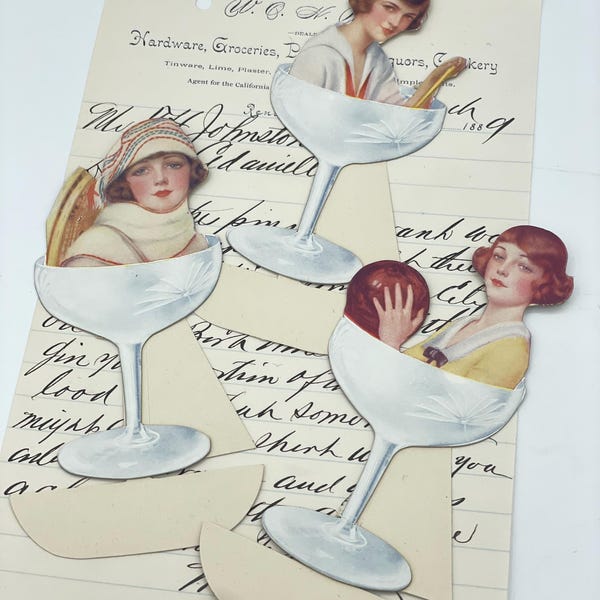 Set 3 Art Deco Women Champagne Glass Brunch Lunch Place Card Setting