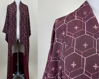 Vintage 1940s Silk Crepe Geometric Floral Shibori Kimono Robe