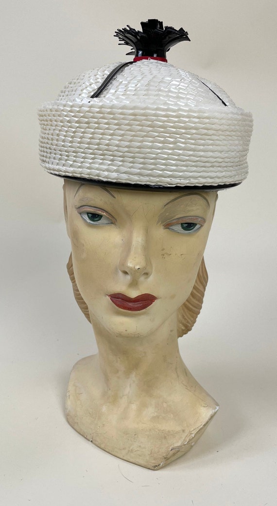 Vintage 1960s Black White Cello Pillbox Hat with … - image 6