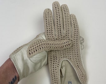 Vintage 1940s Leather Crochet Driving Gloves /  40s Women's Gloves