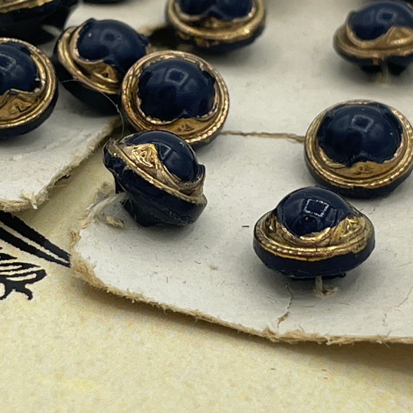 Set 12 Vintage 1920s 1930s Art Deco Navy Blue Gold Luster Glass Czech Petite Small Buttons / 20s 30s Button / 3/8"