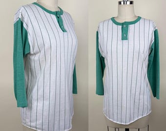 Vintage 1970s Bantam Two Tone Striped Raglan Sleeve Athletic Shirt