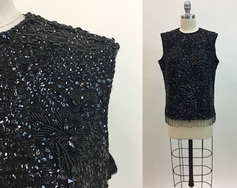 Vintage 1960s Black Beaded Sequin Wool Knit Sweater Shell / Vintage 60s Sleeveless Sweater Top