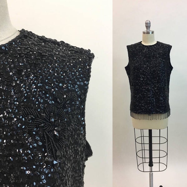 Vintage 1960s Black Beaded Sequin Wool Knit Sweater Shell / Vintage 60s Sleeveless Sweater Top