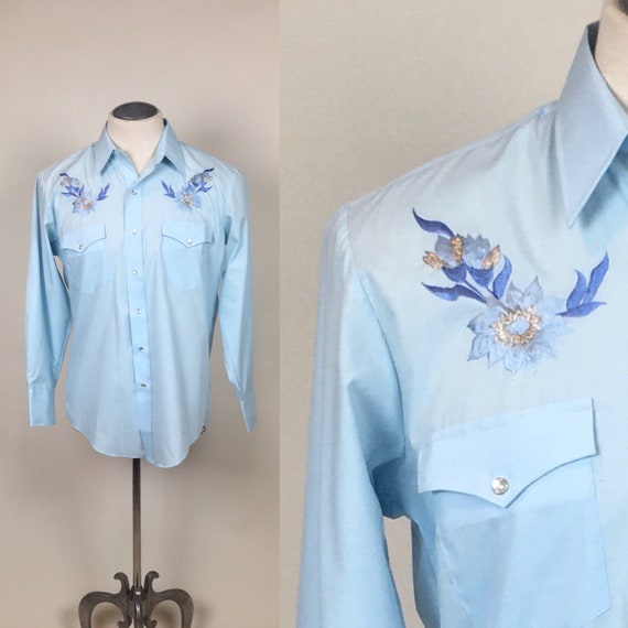 vintage 1970s Baby Blue Embroidered Cowboy Western