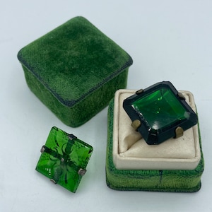 Vintage 1920s Emerald Green Mercury Glass Gold Foil Glass Button / Art Deco Molded Glass Button Sterling Silver Setting