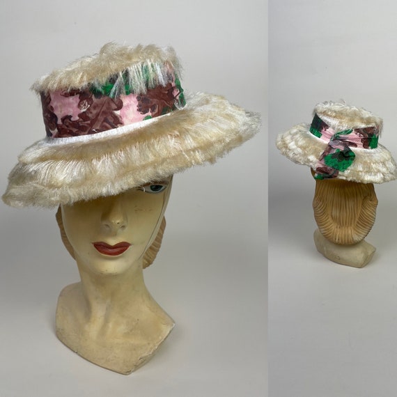 RARE Vintage 1950s PINK Mohair Fringe Tiki Summer Straw Sun Hat - Made in Italy Vintage 1950s Mohair Fringe Tiki Summer Straw Sun Hat - Made  main image 3