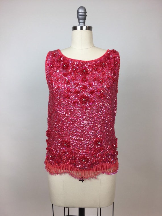 Vintage 1960s Hot Pink Beaded Sequin Sleeveless L… - image 3