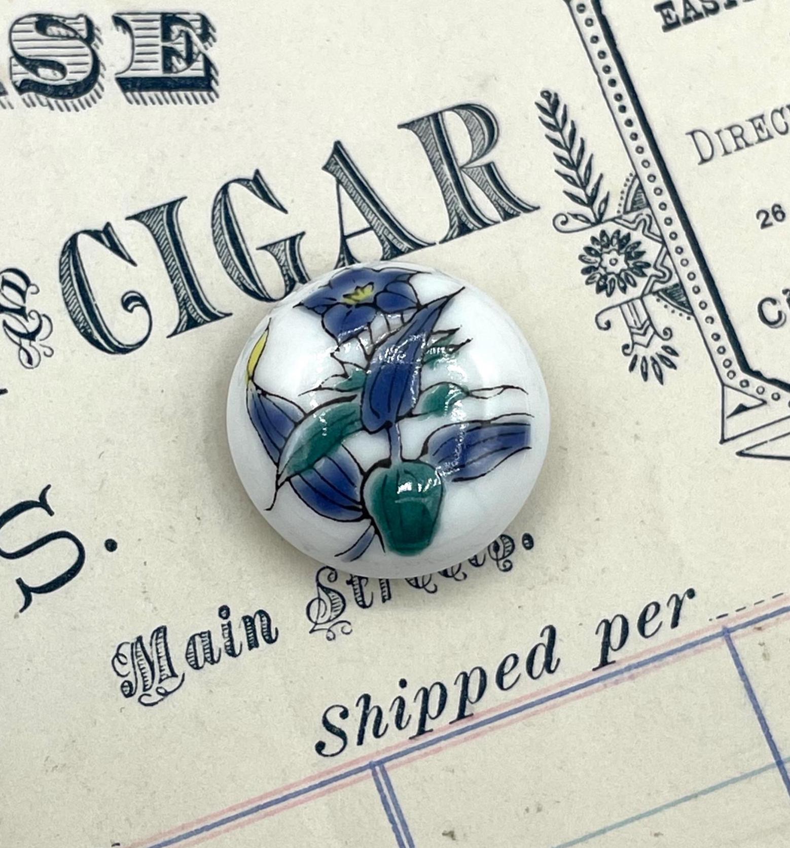 Vintage 1960s Blue White Ceramic Floral Arita Kanzan Bell Flower Button / 3/4"