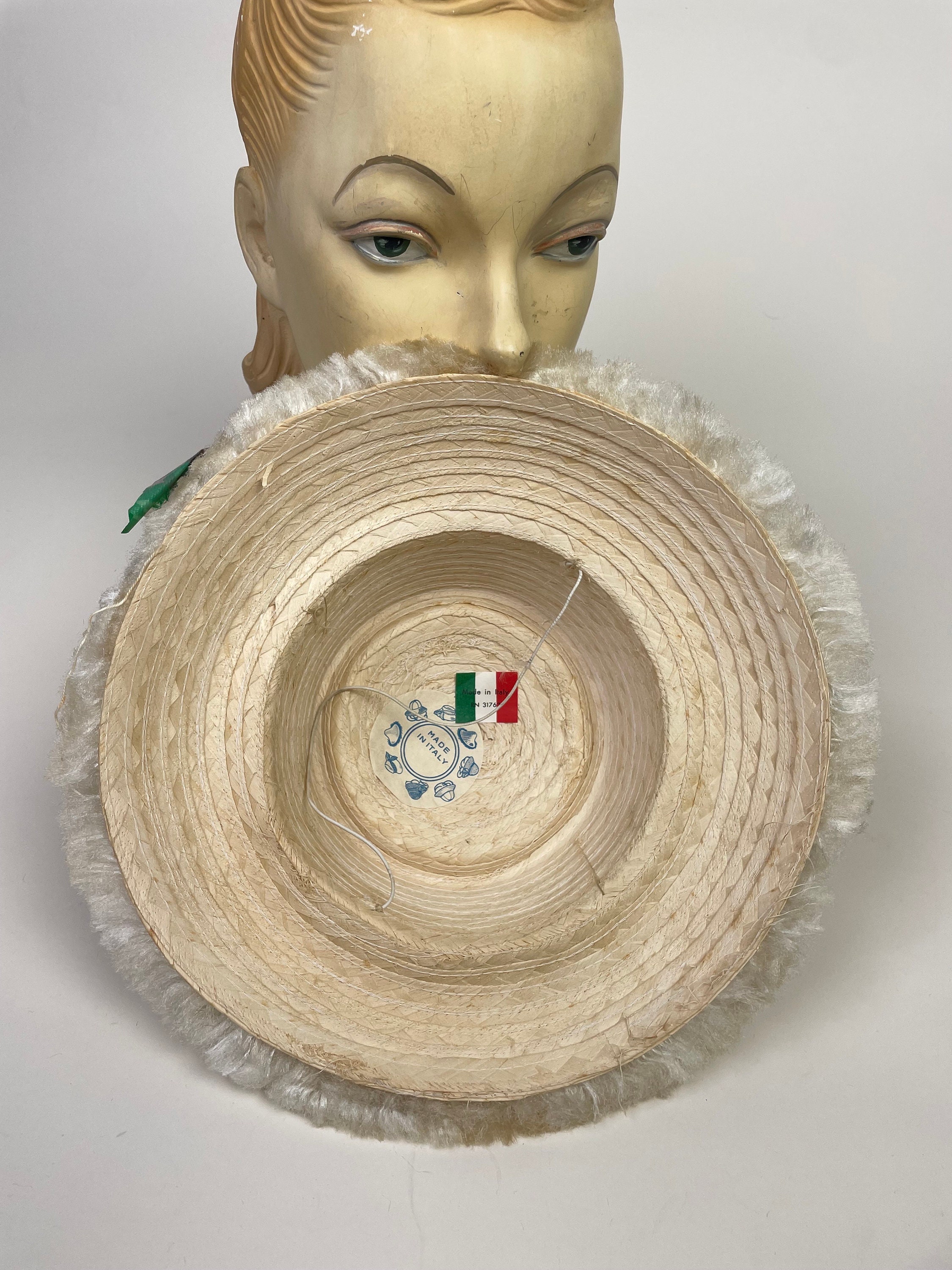 Vintage 1950s Mohair Fringe Tiki Summer Straw Sun Hat - Made 