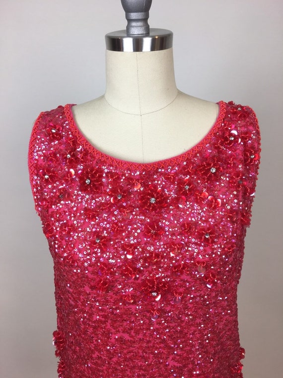 Vintage 1960s Hot Pink Beaded Sequin Sleeveless L… - image 2