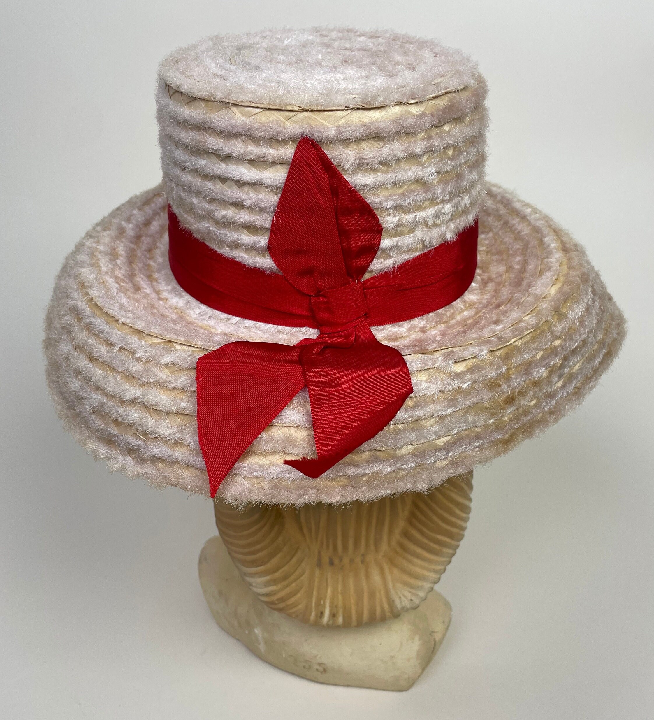 RARE Vintage 1950s PINK Mohair Fringe Tiki Summer Straw Sun Hat - Made in Italy Vintage Womens Tiki  main image 4