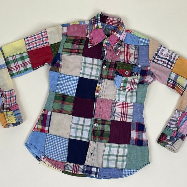 Vintage 1970er Patchwork Baumwolle Kinder Oxford Shirt / Vintage 70er Hippie Sommer Folk Supercraft Baumwollshirt