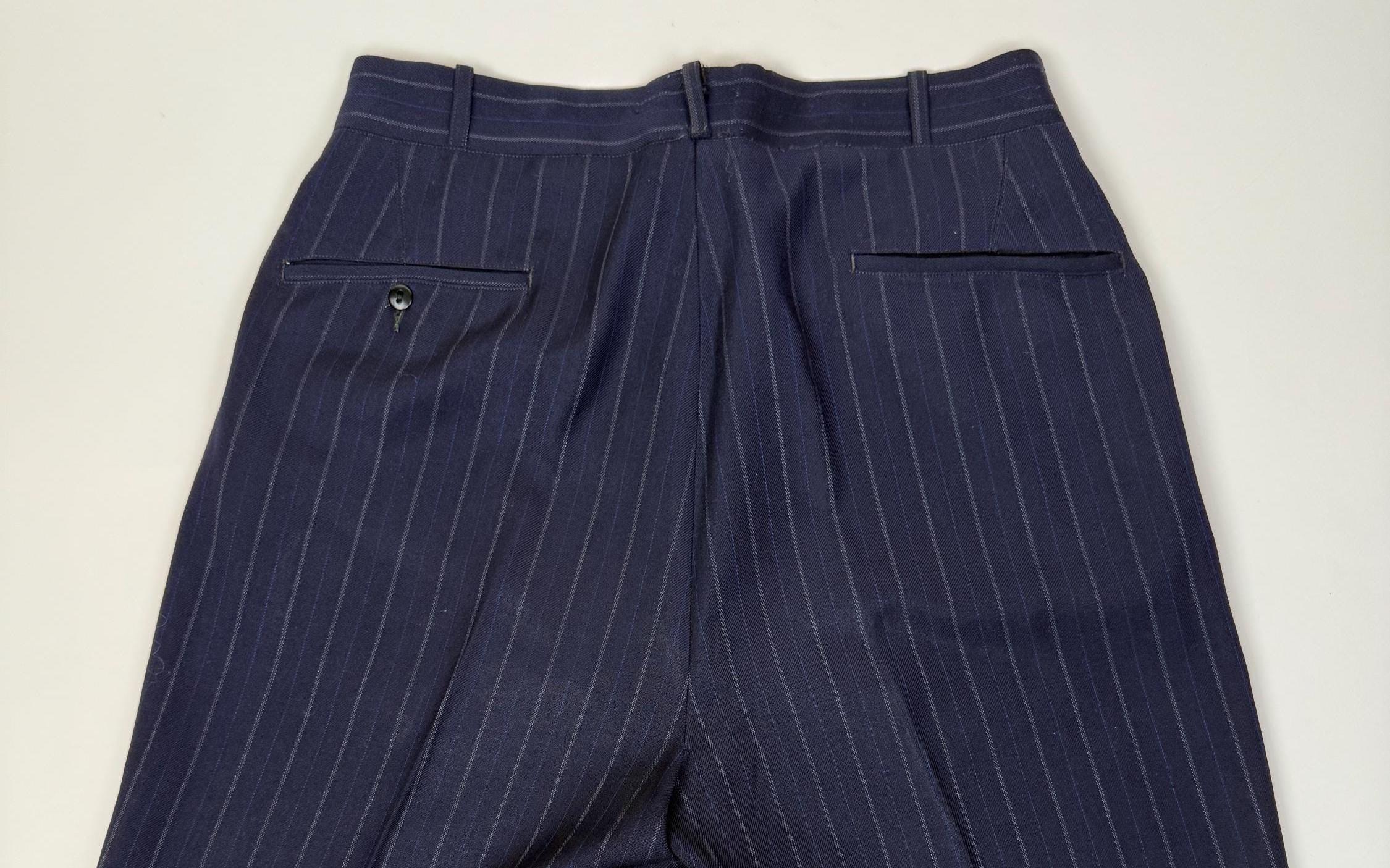 Vintage 1940s Navy Blue Pinstripe Wool Men's Dress Pants Trousers