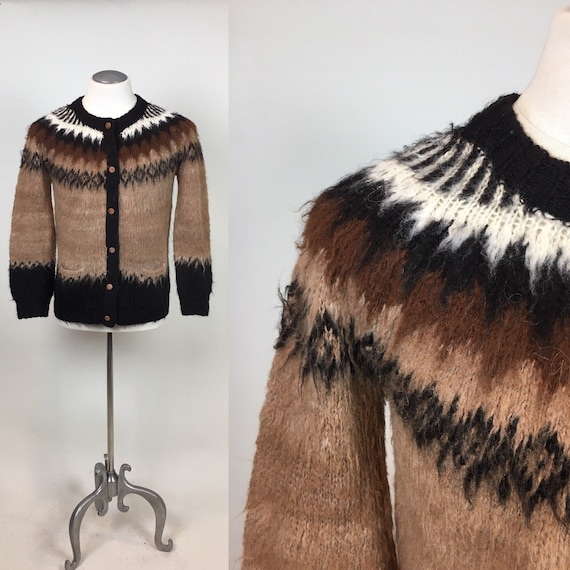 Vintage 1960s Fair Isle MOHAIR Mens Cardigan Sweat