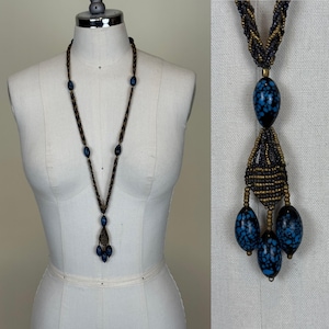 Vintage 1920s Sautoir Necklace / 20s Beaded Black Blue Flapper Lariat Tassel Necklace