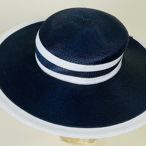 Vintage 1950s Navy Blue White Stripe Wide Brimmed Straw Summer Hat / Vintage 50s Designer Ruth Alan Straw Sun shops Hat