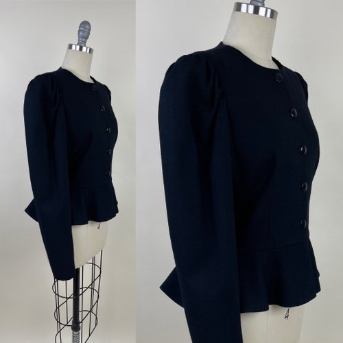 Vintage 1980s Nordstrom Gallery Black Rayon Gabardine Suit Blazer Peplum / shops Vintage 80s does 40s Short Jacket Coat