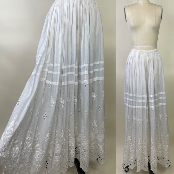 Antique Victorian White Cotton Lace Eyelet Titanic Era Underskirt / 1800s's Long Maxi Scalloped Lacy Prairie Skirt