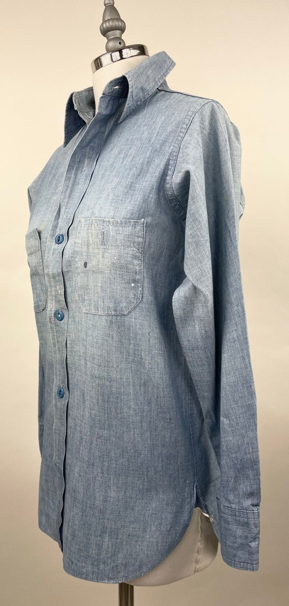 トップス 30s US vintage chambray work shirt Vintage Slub Cotton Chambray Short Sleeve Work Shirt - Blue