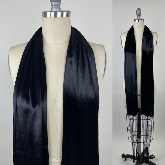 Vintage 1920s Black Mohair Velvet Scarf Macrame F… - image 2