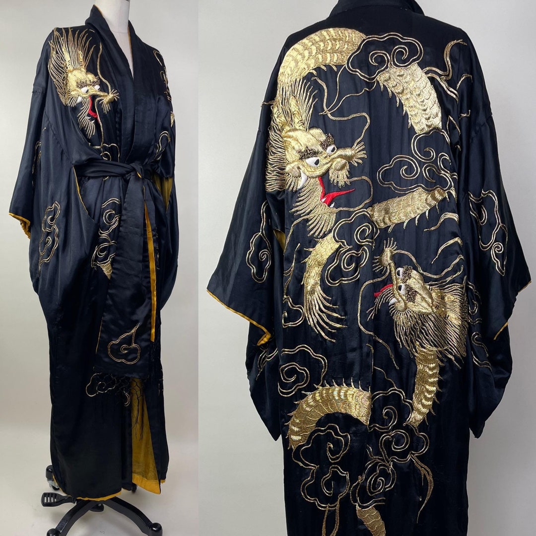 Vintage 1930s 1940s Black Silk Gold Embroidered Dragon Dragons Japanese ...
