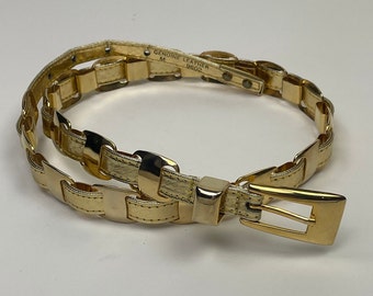 Vintage 1980s Skinny Narrow Thin Gold Metal Snakeskin Leather Dress Belt / 80s Fashion Belts