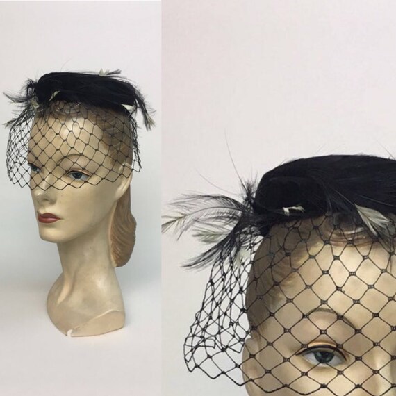 vintage 1960s Black Pillbox Netted Hat / Vintage