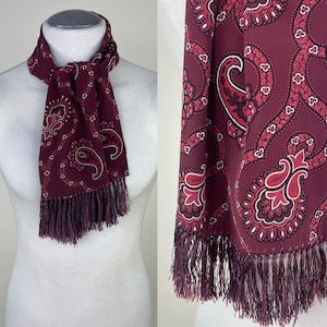 Vintage 1940s Cold Rayon Floral Paisley Print Coat Scarf / 40s Burgundy Merlot Novelty Print Fringe Ascot