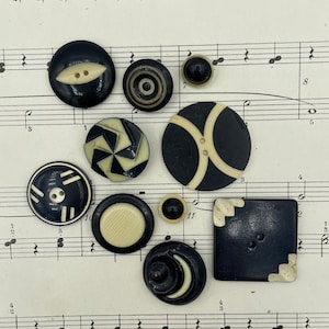 Vintage 1930s Black French Ivory White Celluloid Buttons / 30s Deco Novelty Coat Jacket Button