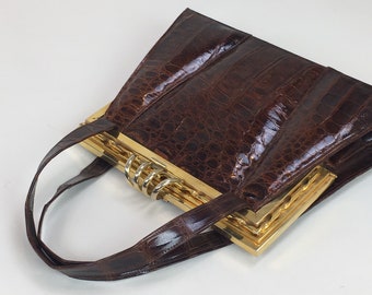 Vintage 1940s Luxury Alligator Top Handled Purse Handbag / 40s Exotic Purse