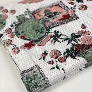 Vintage 1950s Mid Century Asian Chinoiserie Toile Pagoda Vase Cherry Blossoms Vat Dye Fabric / 50s Interior Design Upholstery Pillow Yardage
