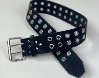 Vintage 1980s Black Leather Silver Grommet Wide Motorcycle Belt