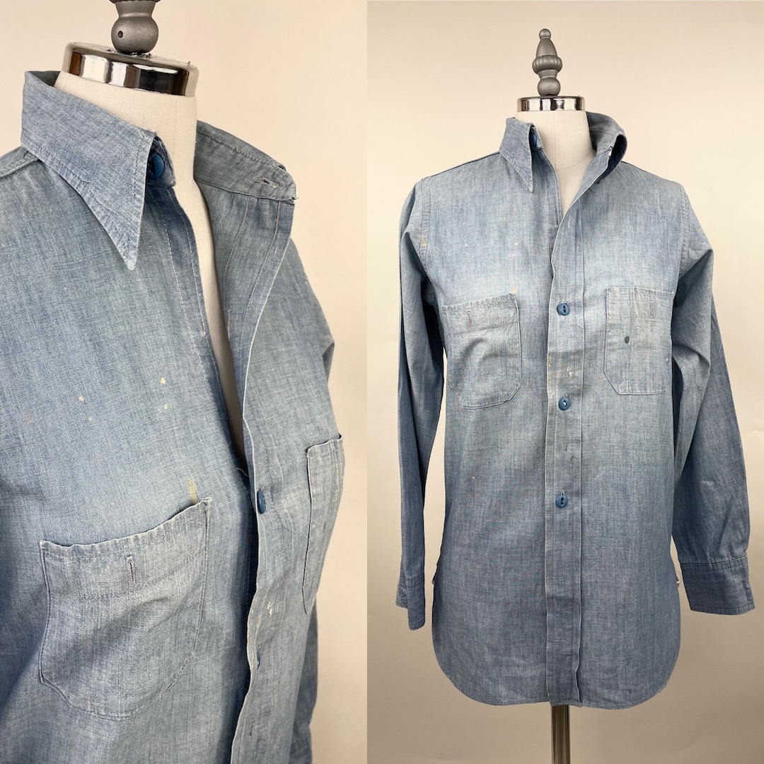 トップス 30s US vintage chambray work shirt Vintage 1930s Chambray Work Shirt: Selvedge Detail, French Seams
