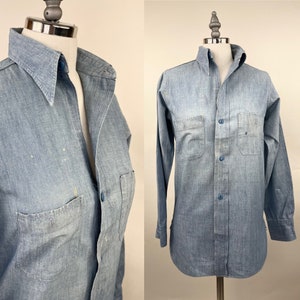 Camisa de trabajo vintage de Oxford Chambray para mujer, años 30 y 40, con refuerzos de orillo y costuras francesas, ropa de trabajo vaquera de los años 30 y 40