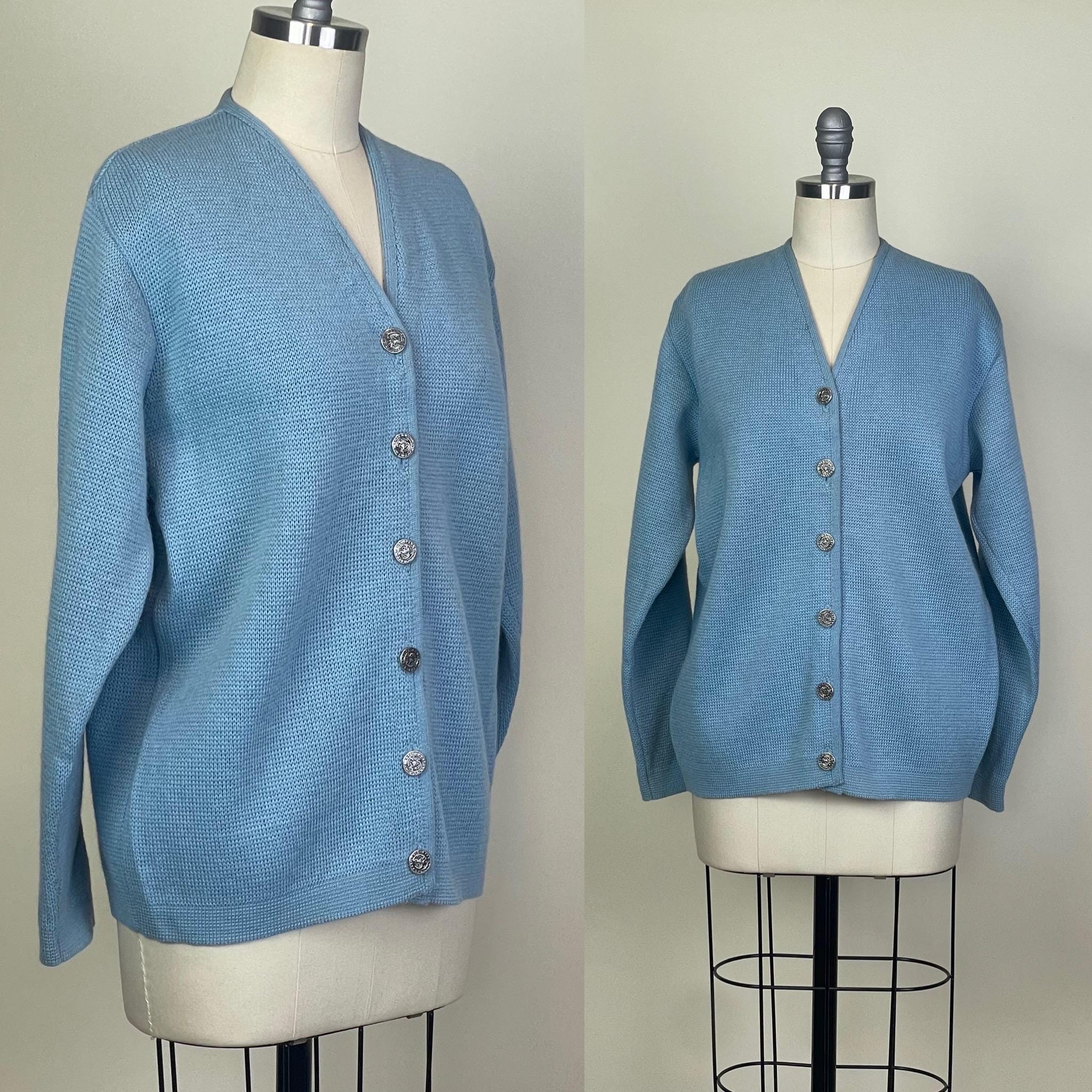 60’s Crazy Pattern Wool Cardigan Vintage 1960s Blue Worsted Wool Cardigan Kaso Knit / 60s Mid